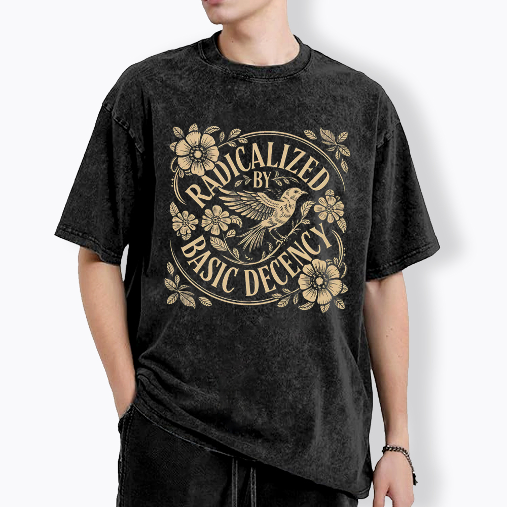 Radicalized By Basic Decency Floral Bird Washed T-Shirt