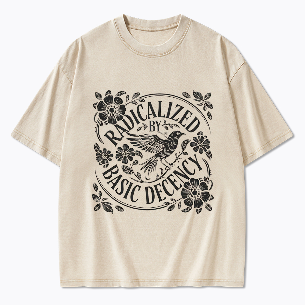 Radicalized By Basic Decency Floral Bird Washed T-Shirt