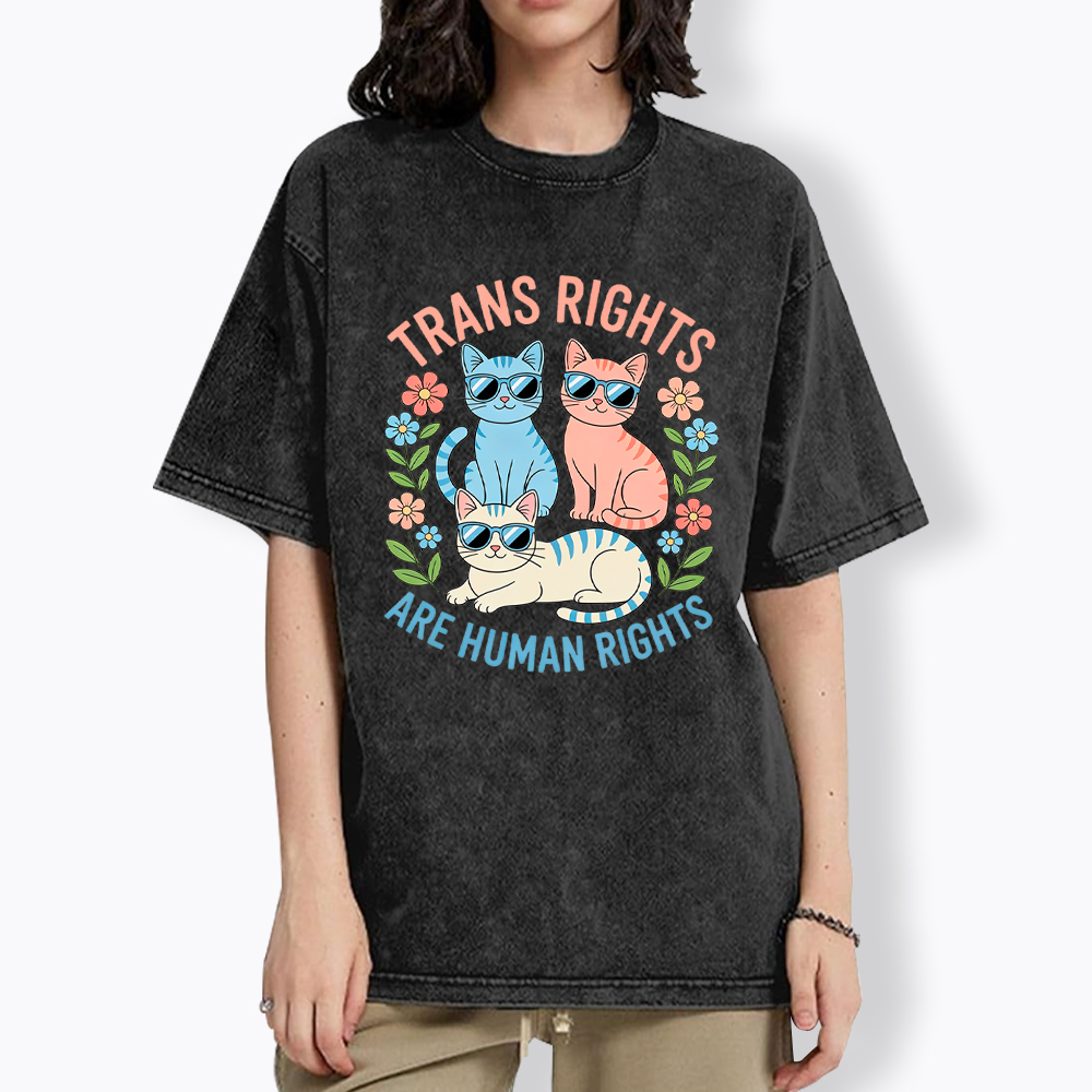 Trans Rights Are Human Rights Cat Washed T-Shirt
