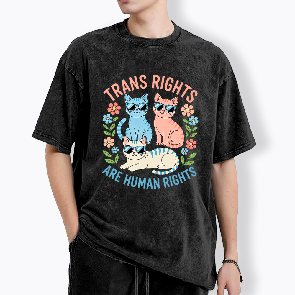 Trans Rights Are Human Rights Cat Washed T-Shirt