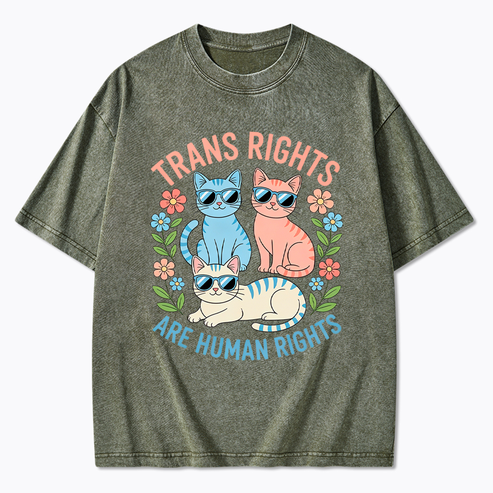 Trans Rights Are Human Rights Cat Washed T-Shirt