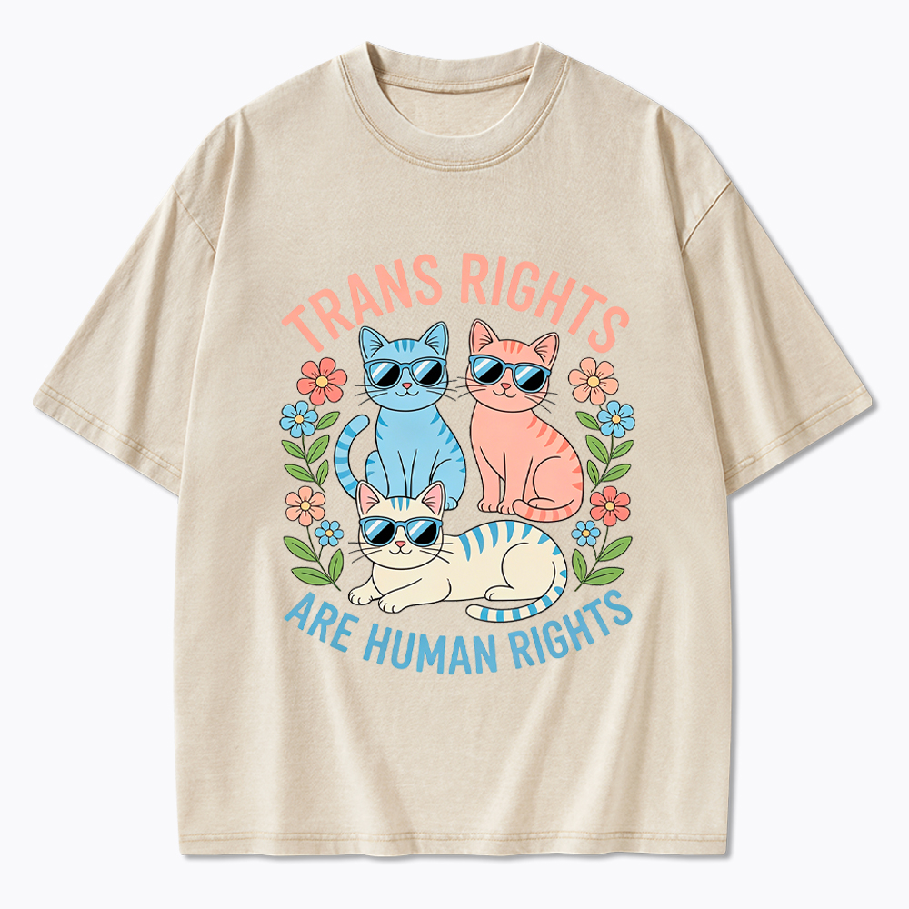 Trans Rights Are Human Rights Cat Washed T-Shirt