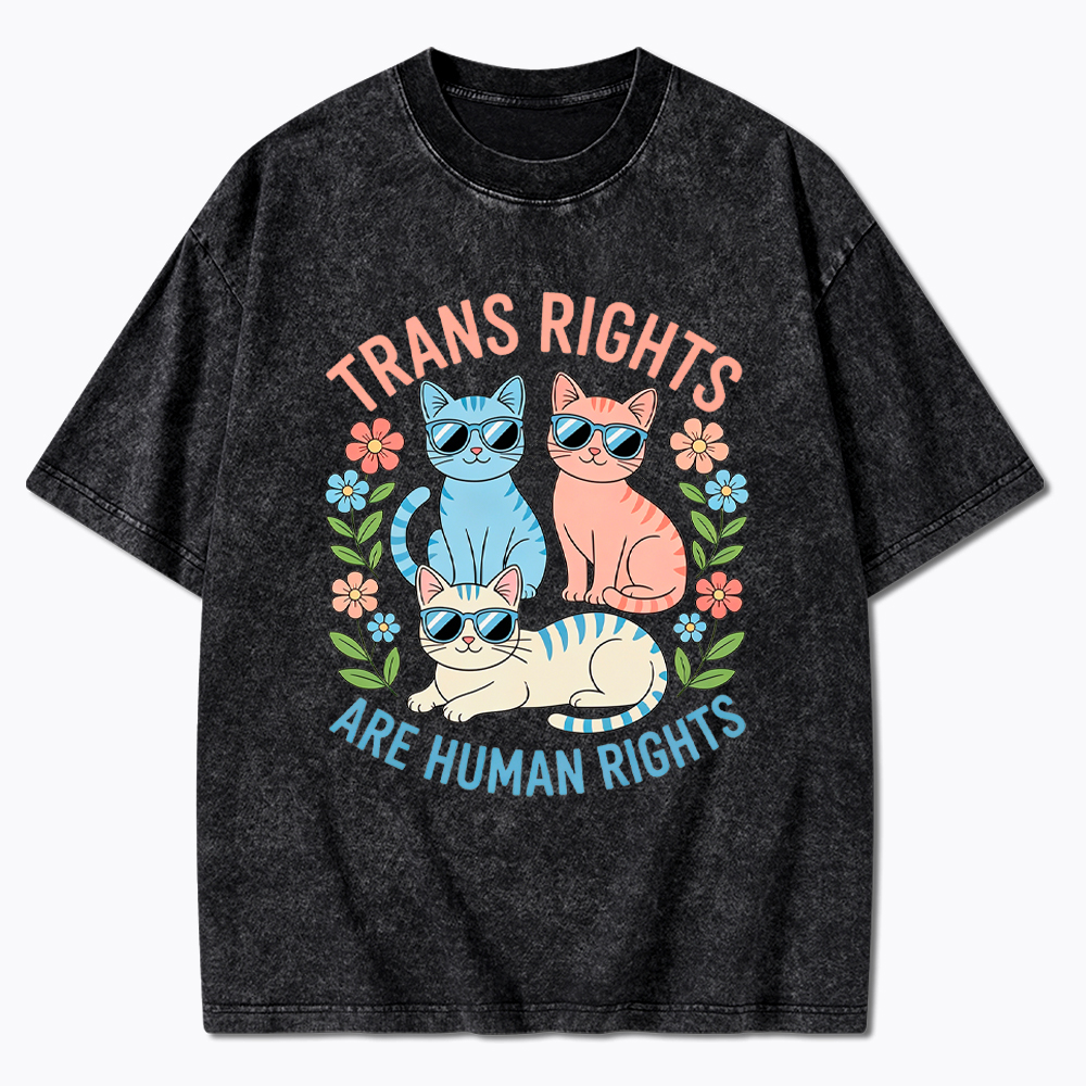 Trans Rights Are Human Rights Cat Washed T-Shirt