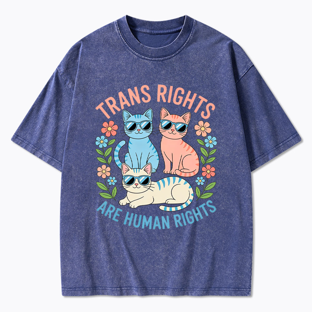 Trans Rights Are Human Rights Cat Washed T-Shirt
