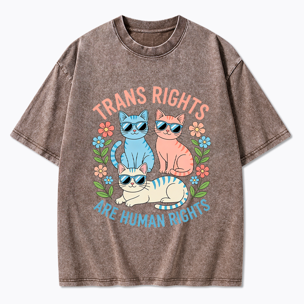 Trans Rights Are Human Rights Cat Washed T-Shirt