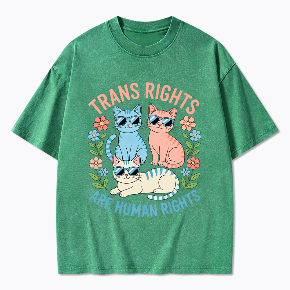 Trans Rights Are Human Rights Cat Washed T-Shirt