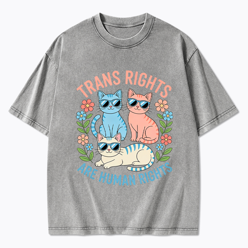 Trans Rights Are Human Rights Cat Washed T-Shirt