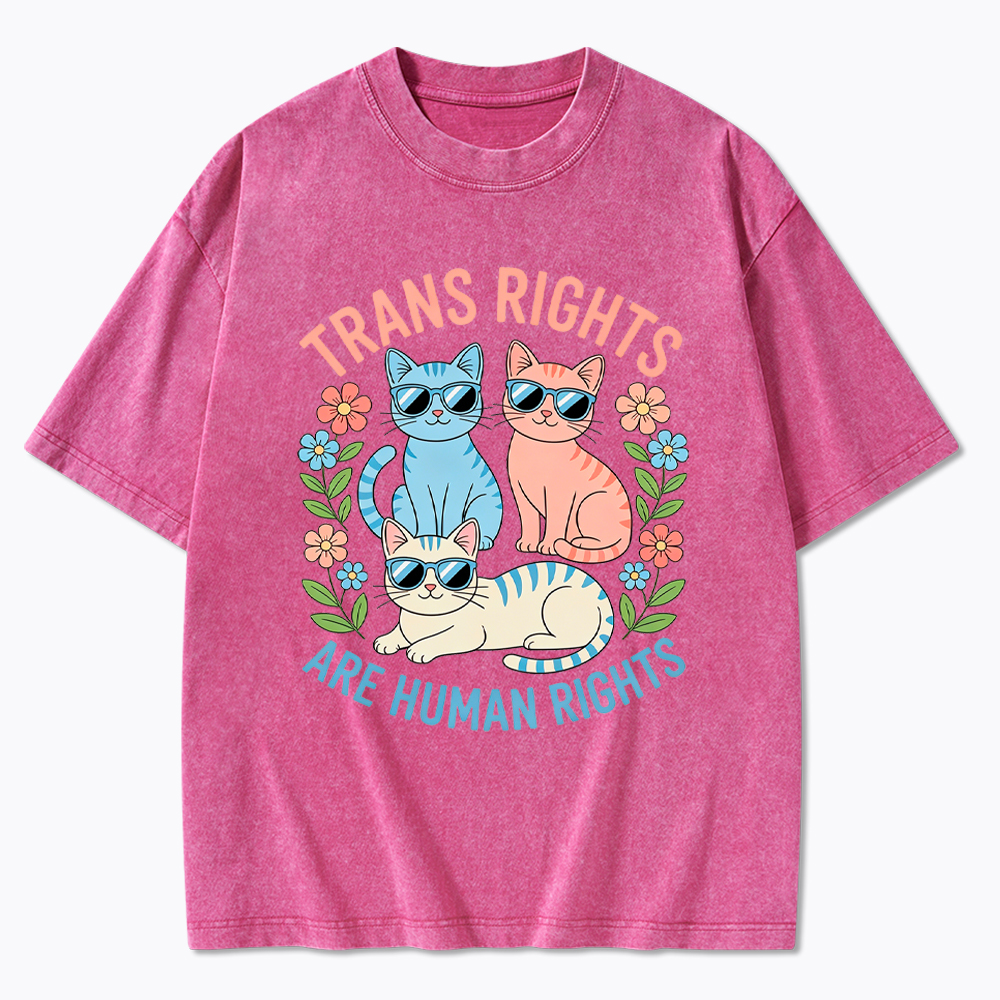 Trans Rights Are Human Rights Cat Washed T-Shirt