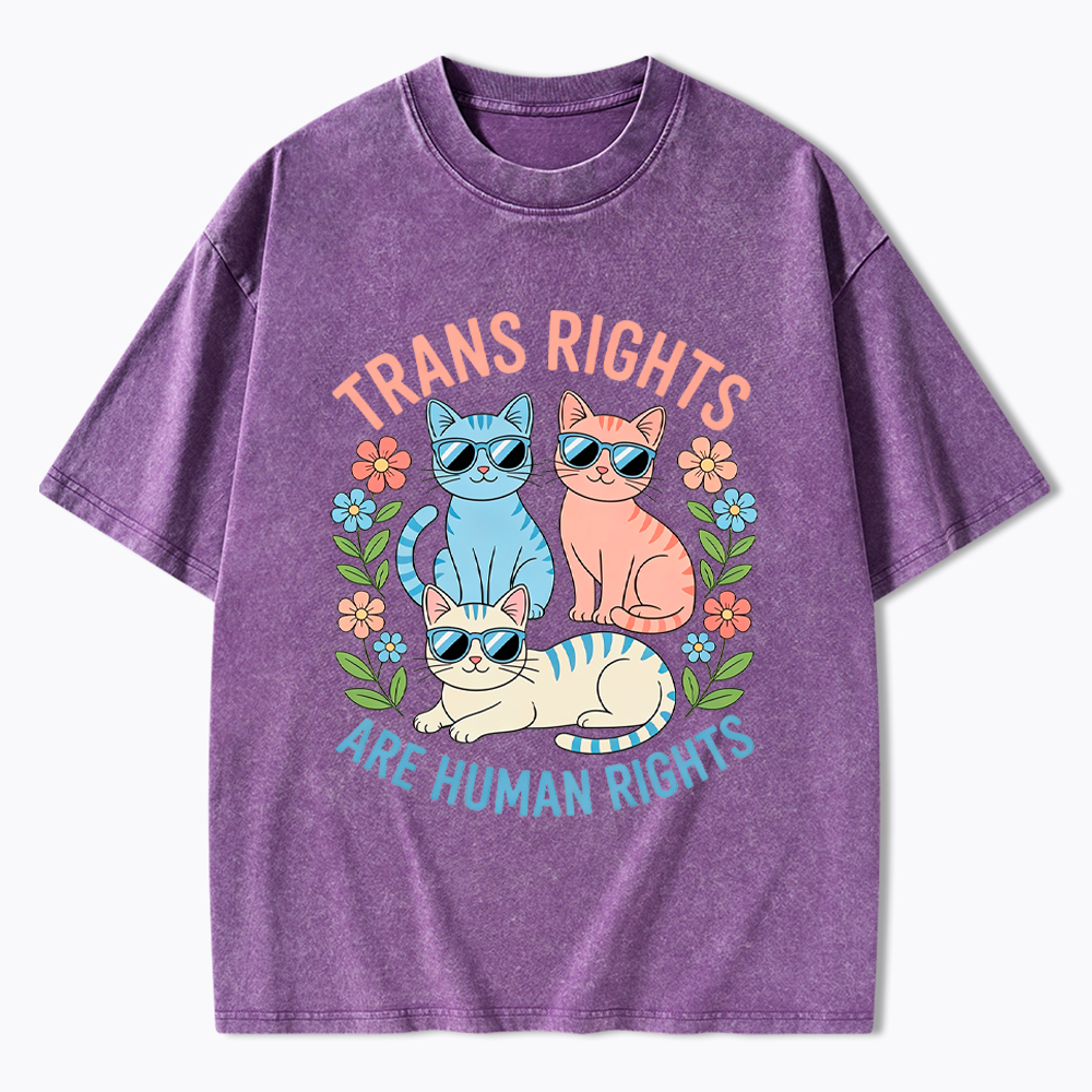 Trans Rights Are Human Rights Cat Washed T-Shirt