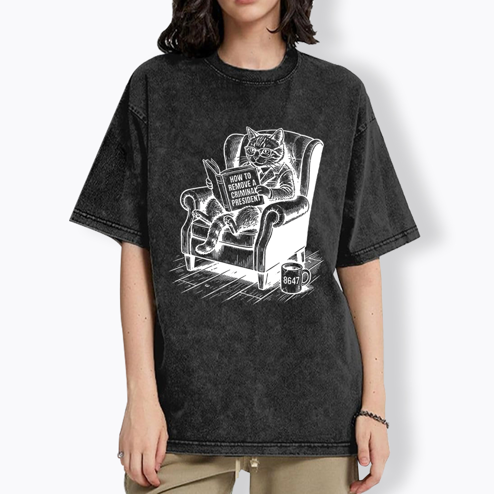 Cat Reading Political Washed T-Shirt