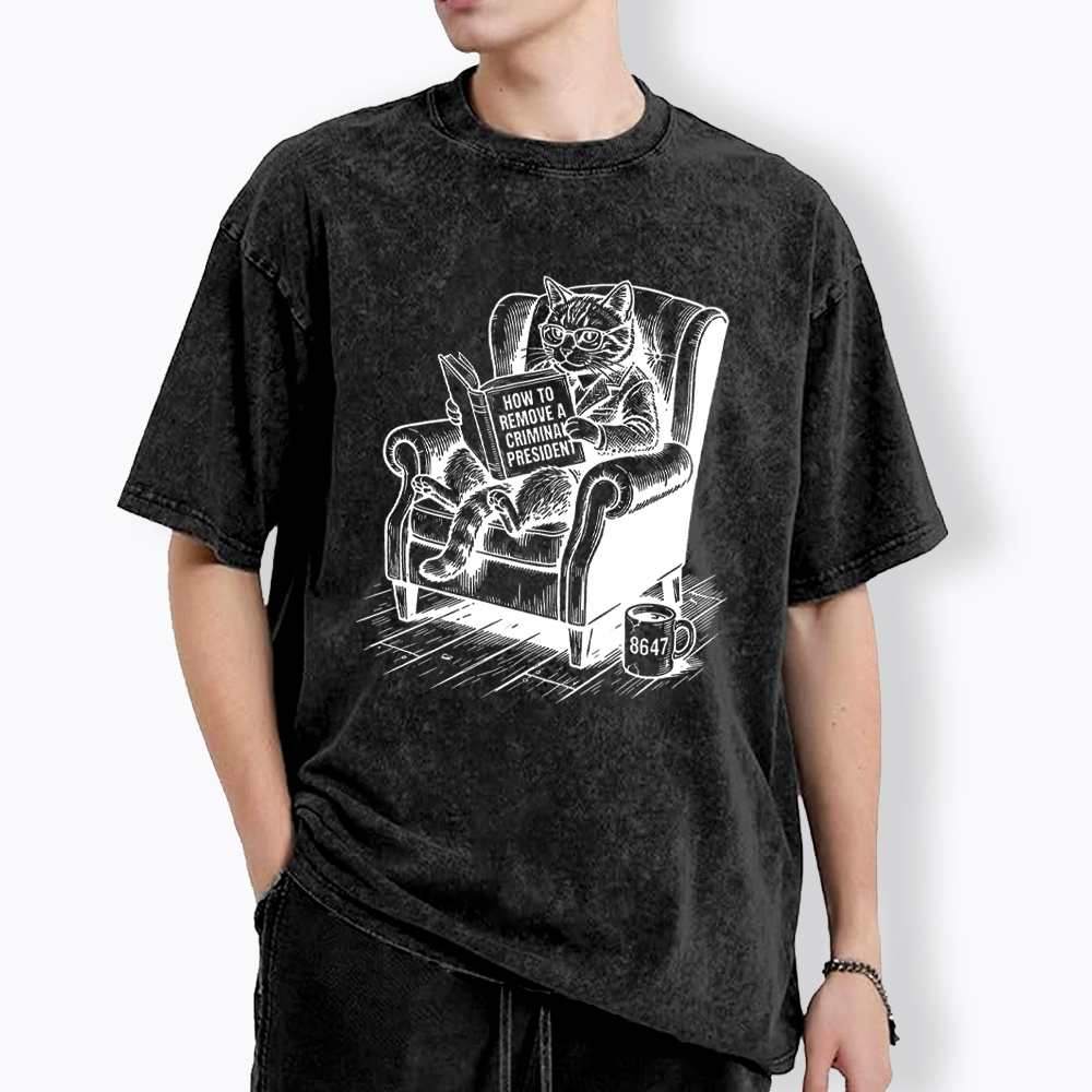 Cat Reading Political Washed T-Shirt