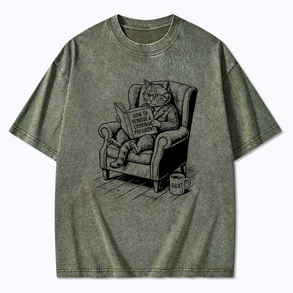 Cat Reading Political Washed T-Shirt