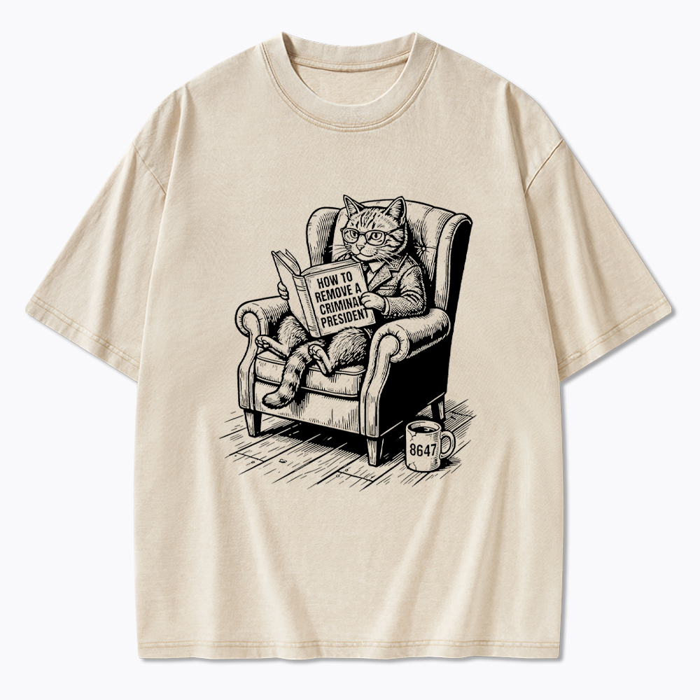 Cat Reading Political Washed T-Shirt