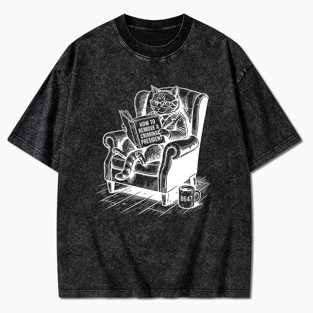 Cat Reading Political Washed T-Shirt