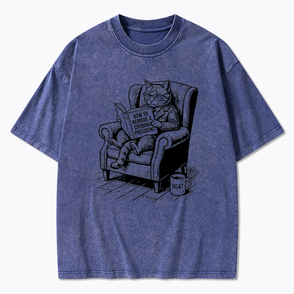 Cat Reading Political Washed T-Shirt