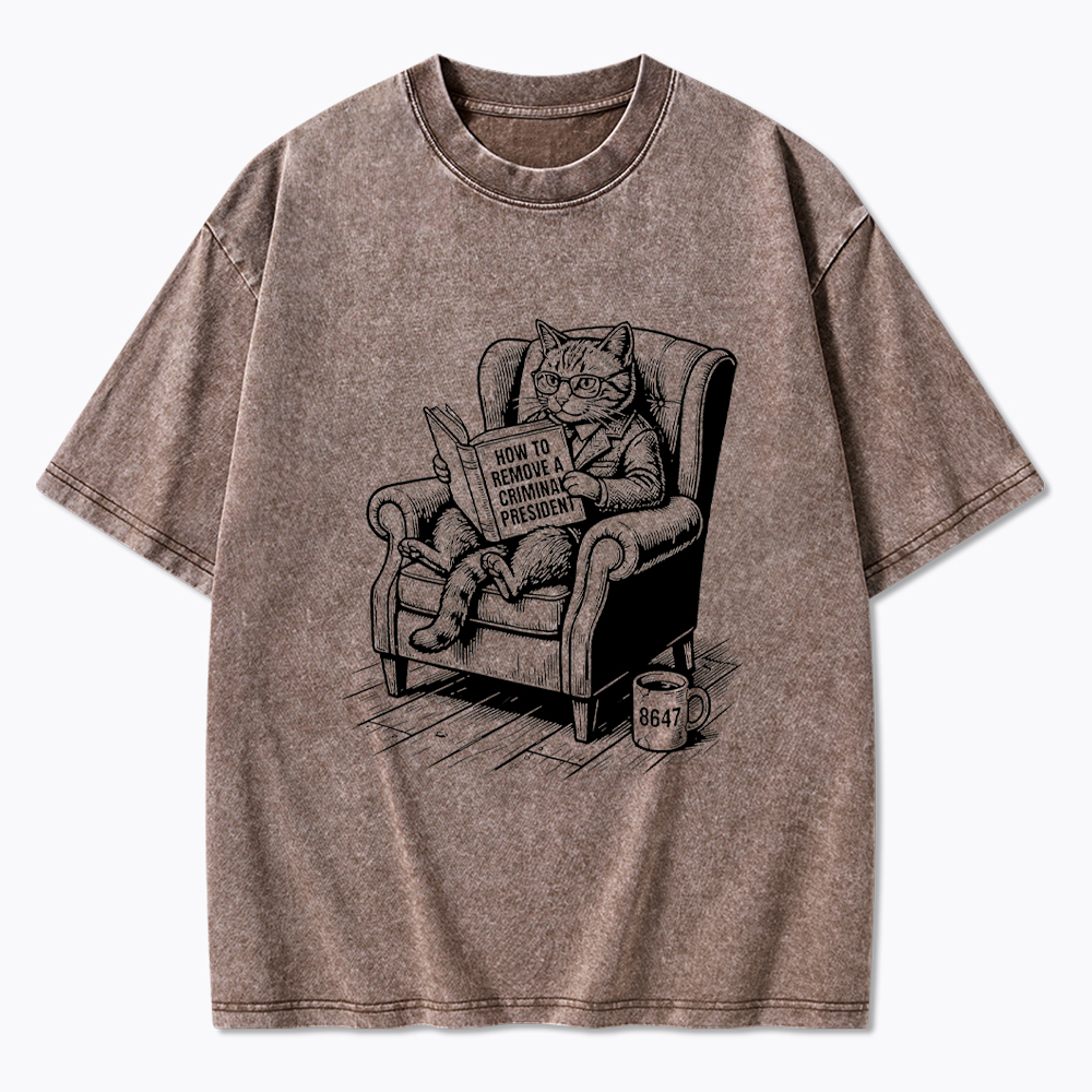 Cat Reading Political Washed T-Shirt