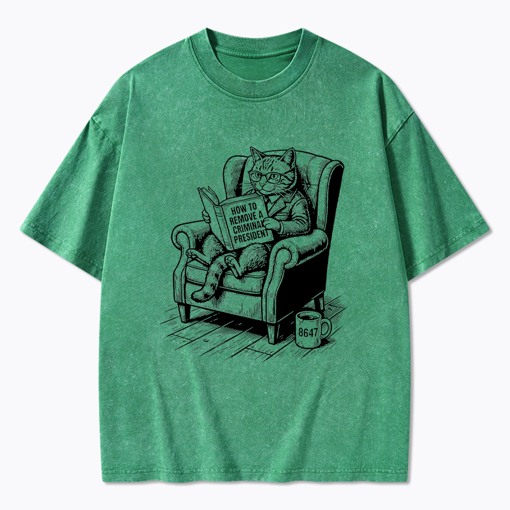 Cat Reading Political Washed T-Shirt