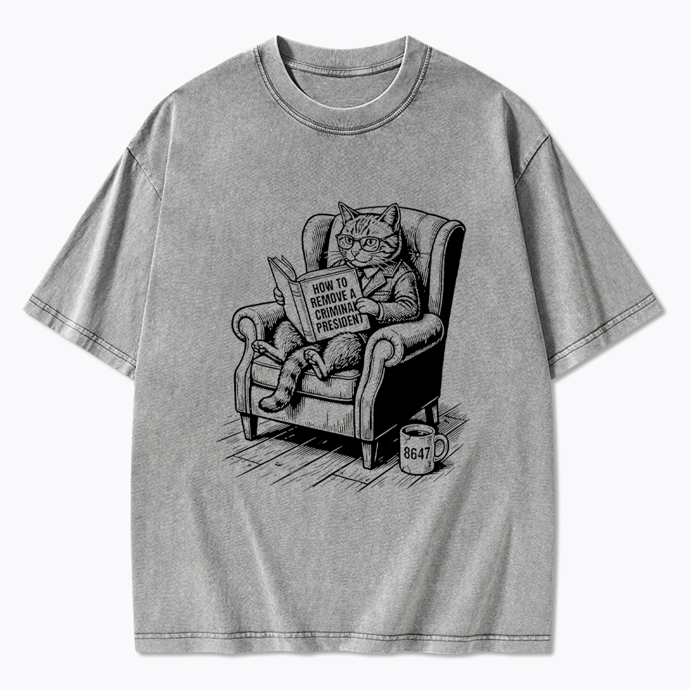 Cat Reading Political Washed T-Shirt