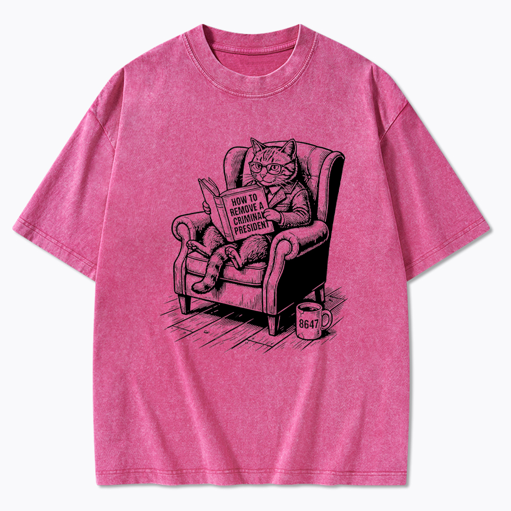 Cat Reading Political Washed T-Shirt