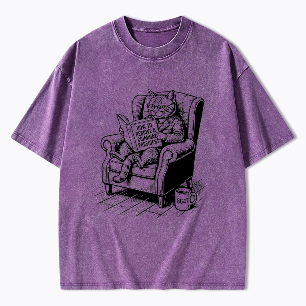 Cat Reading Political Washed T-Shirt