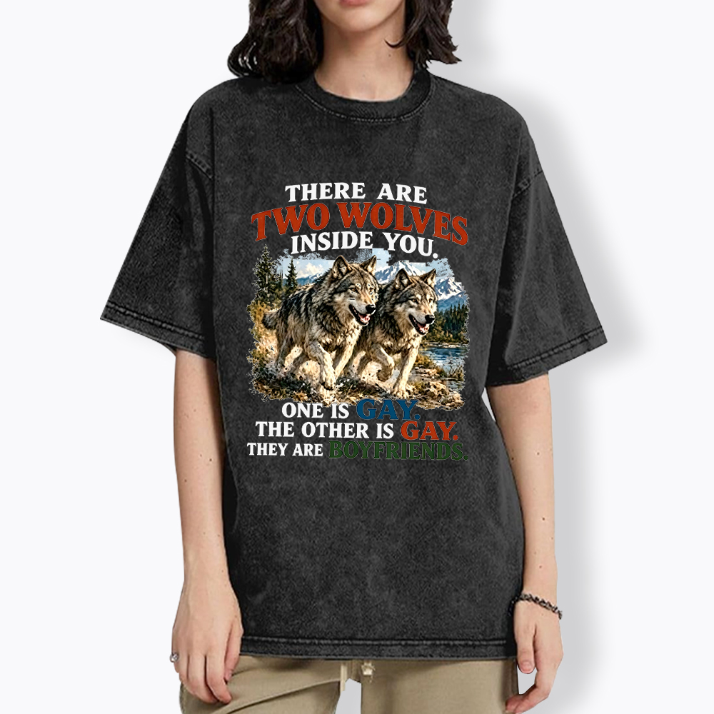 Two Wolves Gay Boyfriends Washed T-Shirt