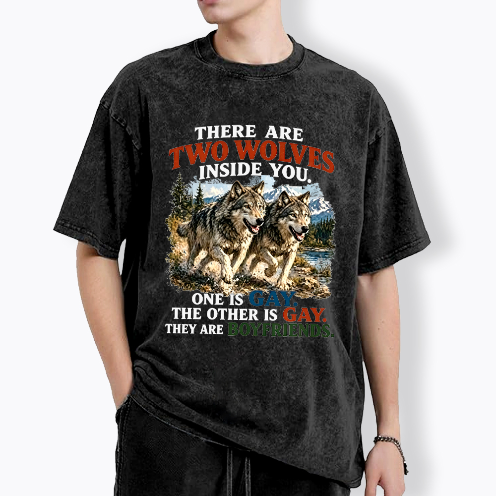 Two Wolves Gay Boyfriends Washed T-Shirt