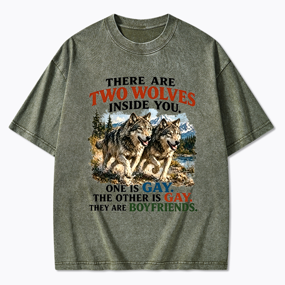 Two Wolves Gay Boyfriends Washed T-Shirt