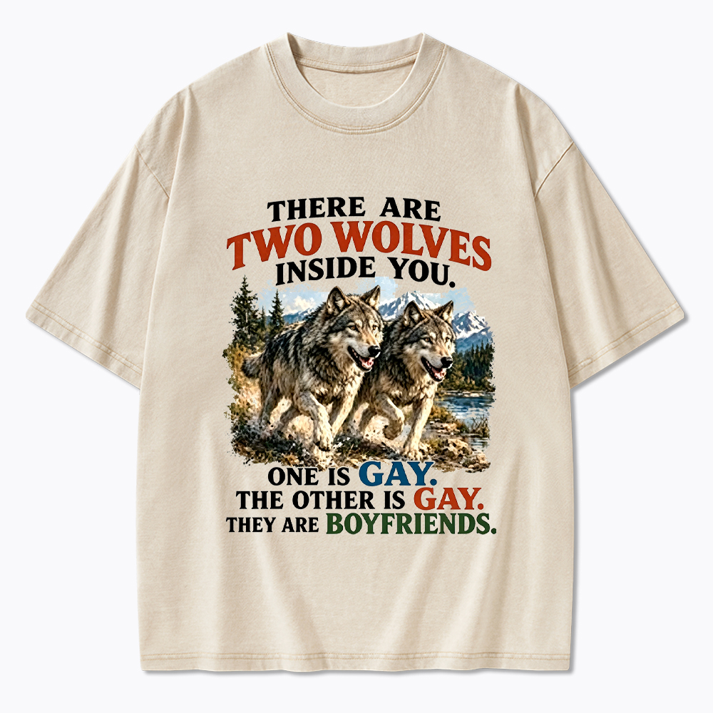 Two Wolves Gay Boyfriends Washed T-Shirt