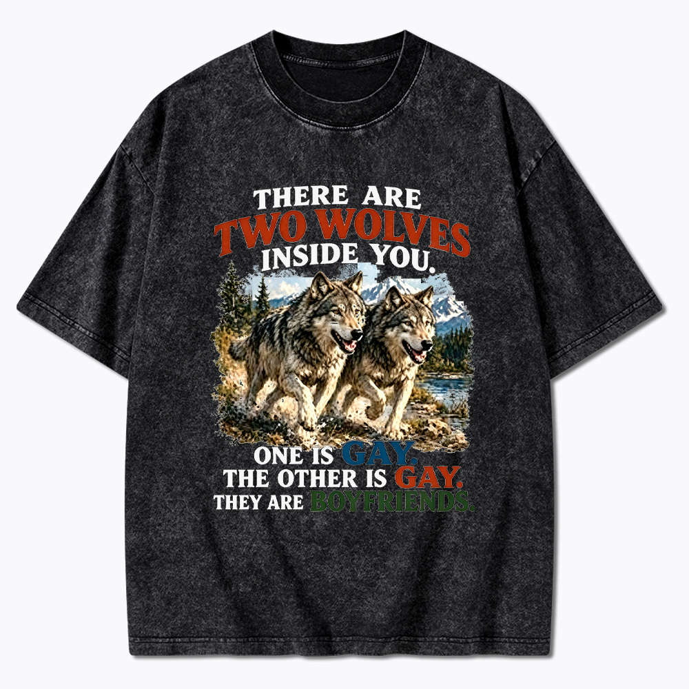 Two Wolves Gay Boyfriends Washed T-Shirt