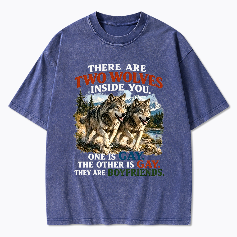 Two Wolves Gay Boyfriends Washed T-Shirt