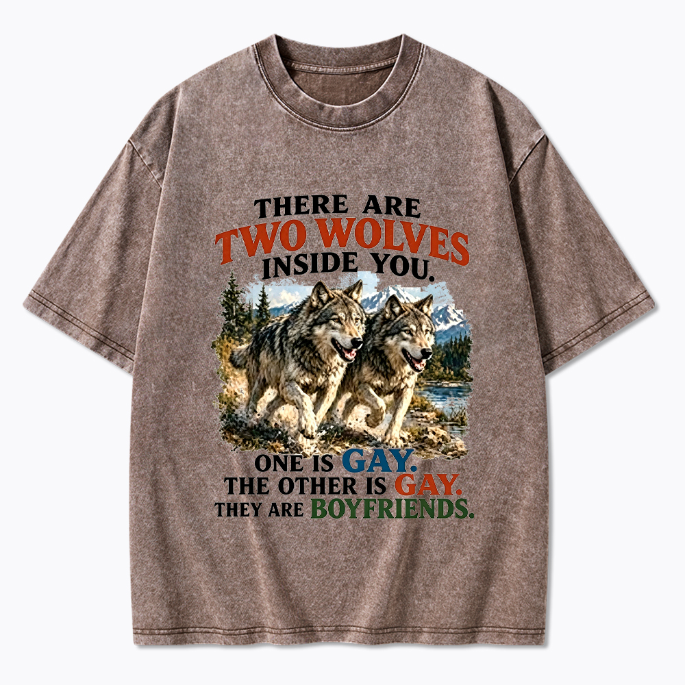 Two Wolves Gay Boyfriends Washed T-Shirt