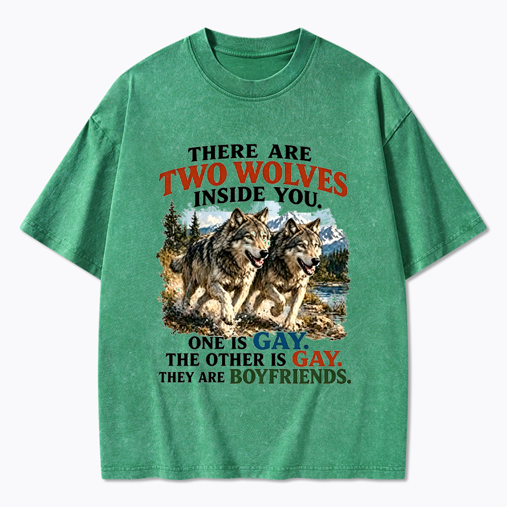 Two Wolves Gay Boyfriends Washed T-Shirt