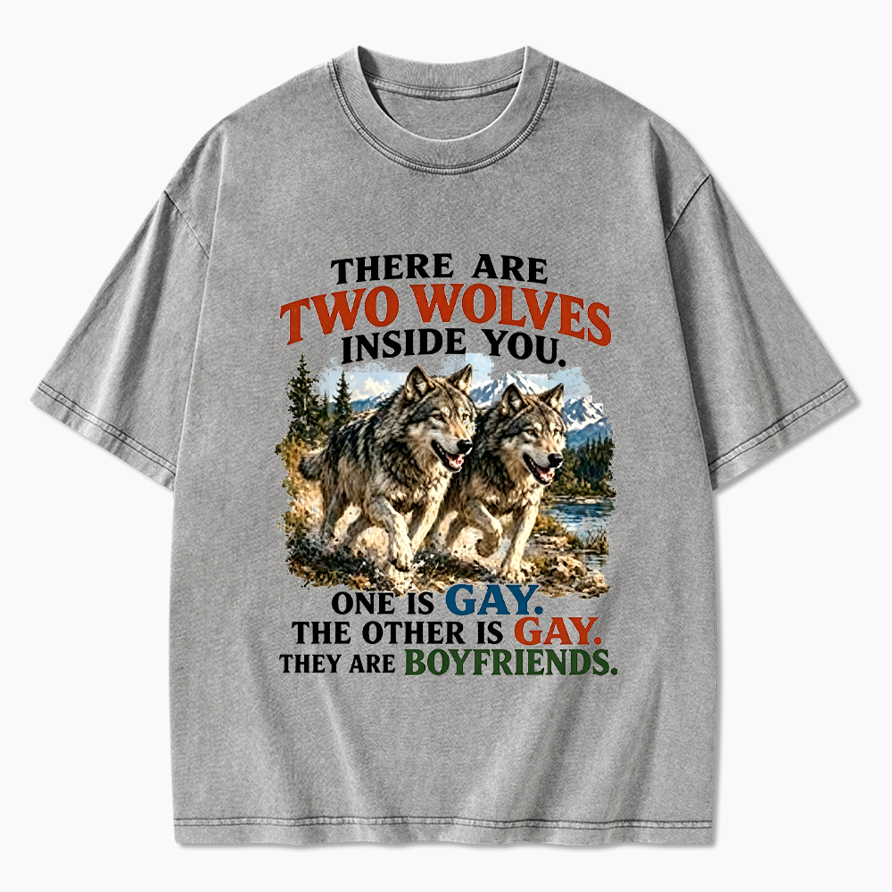 Two Wolves Gay Boyfriends Washed T-Shirt