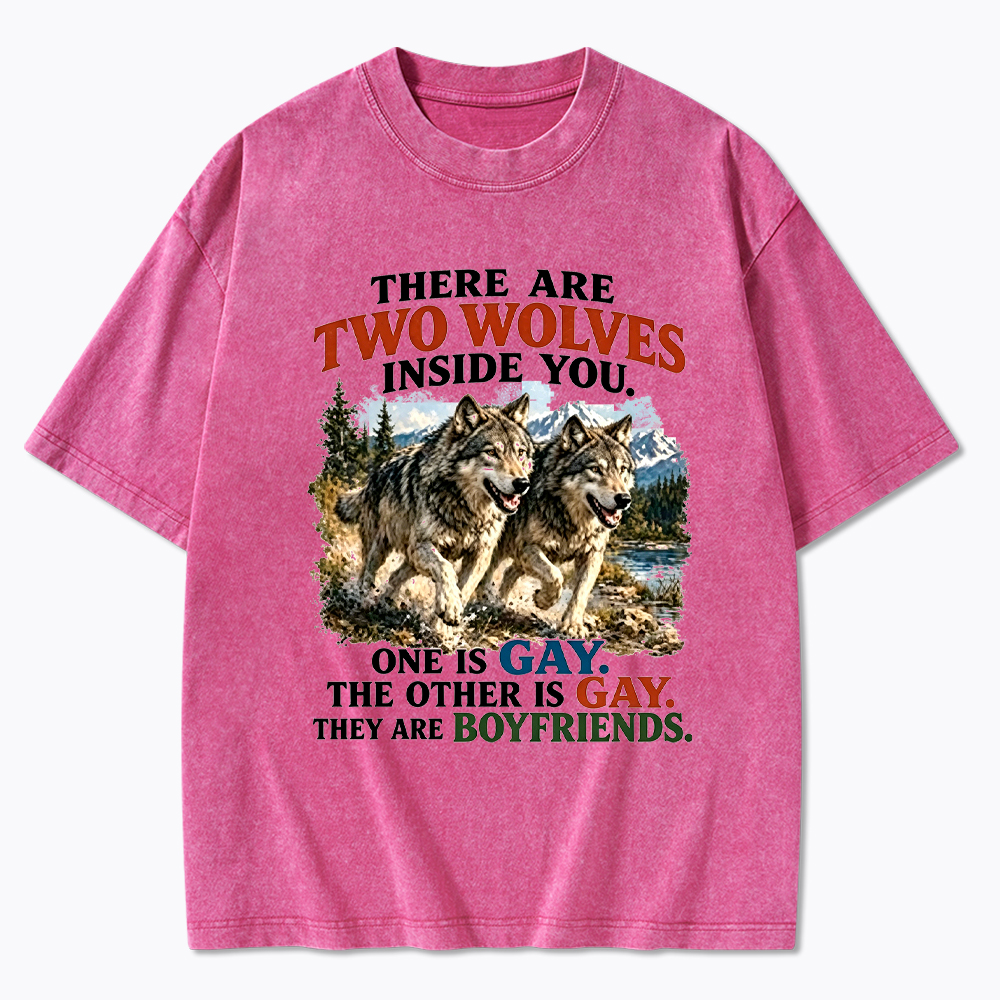Two Wolves Gay Boyfriends Washed T-Shirt