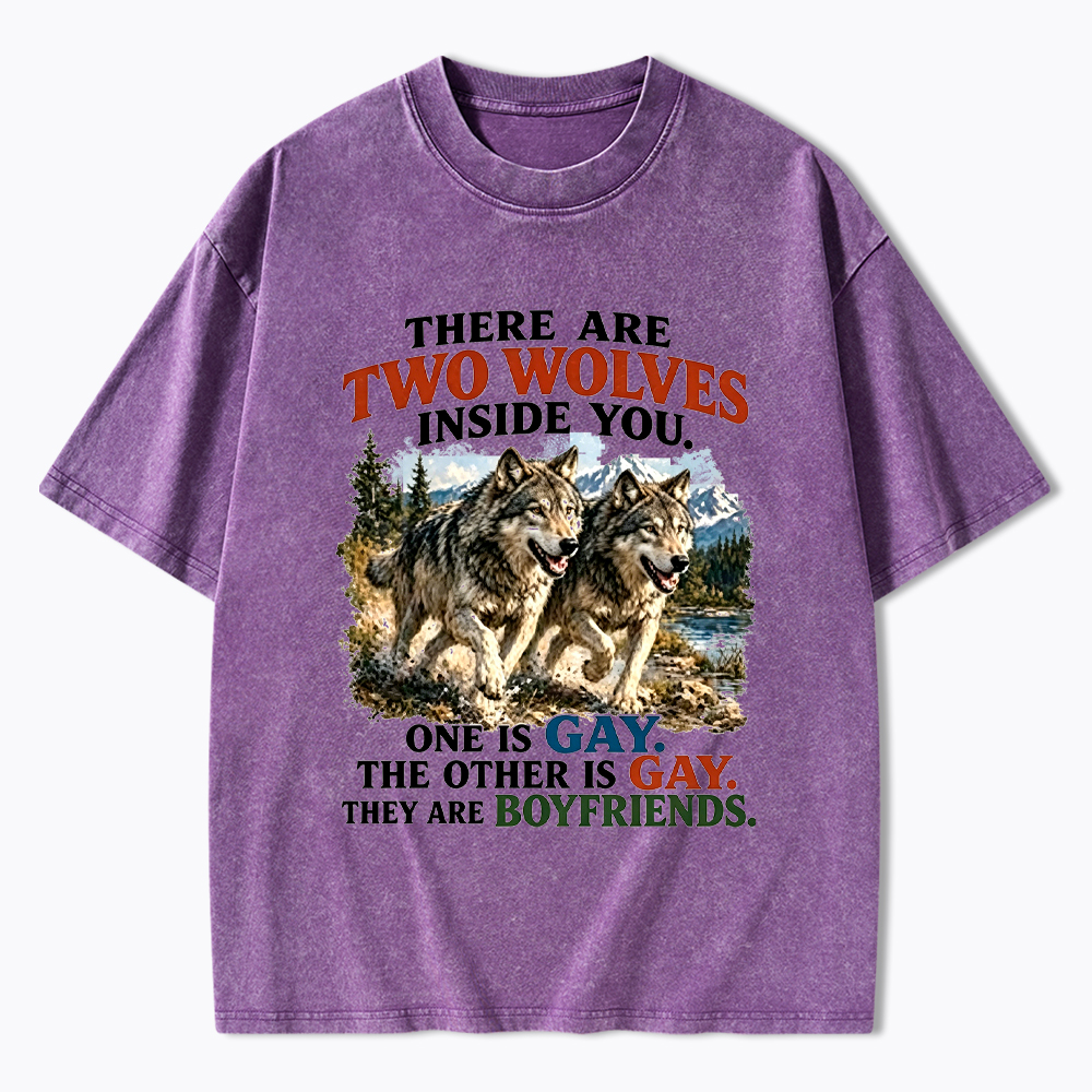 Two Wolves Gay Boyfriends Washed T-Shirt
