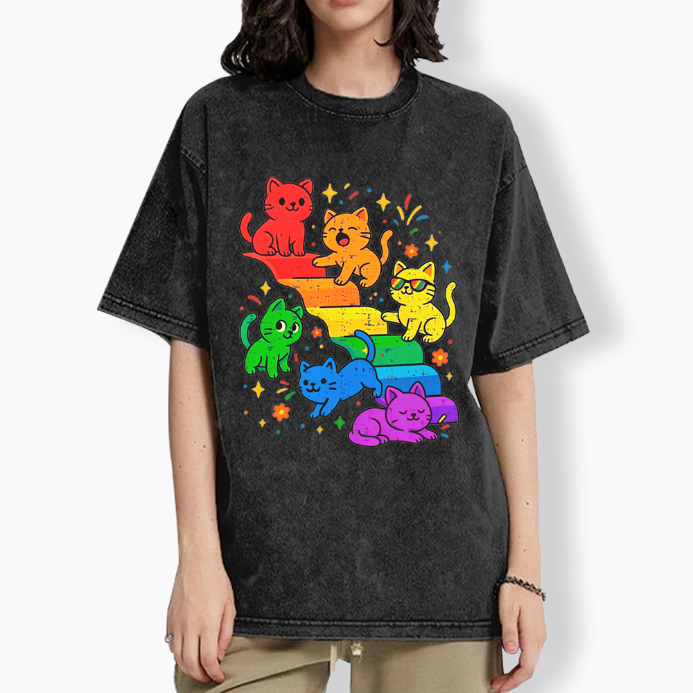 Gay Pride Kawaii Cat Washed T-Shirt