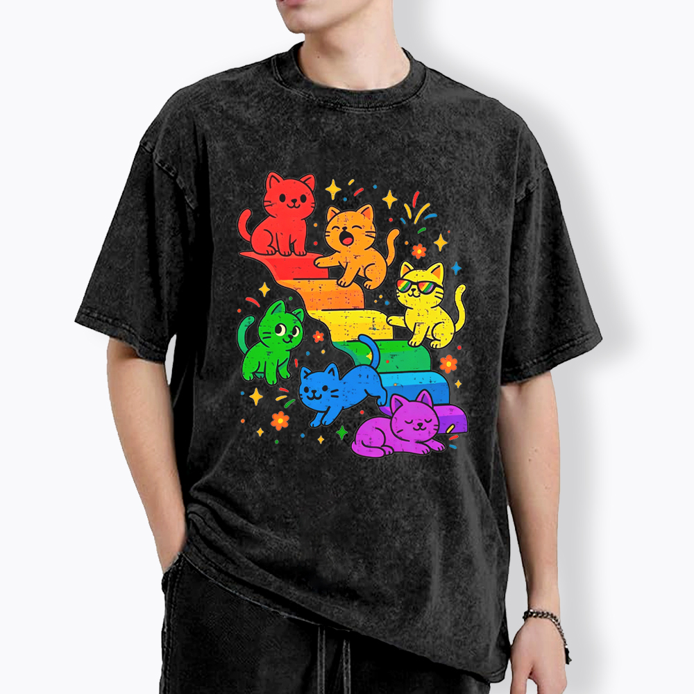 Gay Pride Kawaii Cat Washed T-Shirt