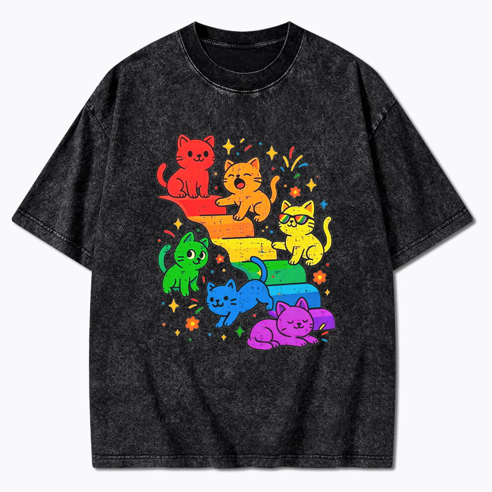 Gay Pride Kawaii Cat Washed T-Shirt