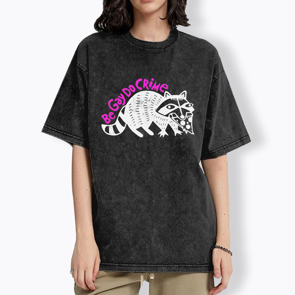 Be Gay Do Crime Pizza Raccoon Washed T-Shirt