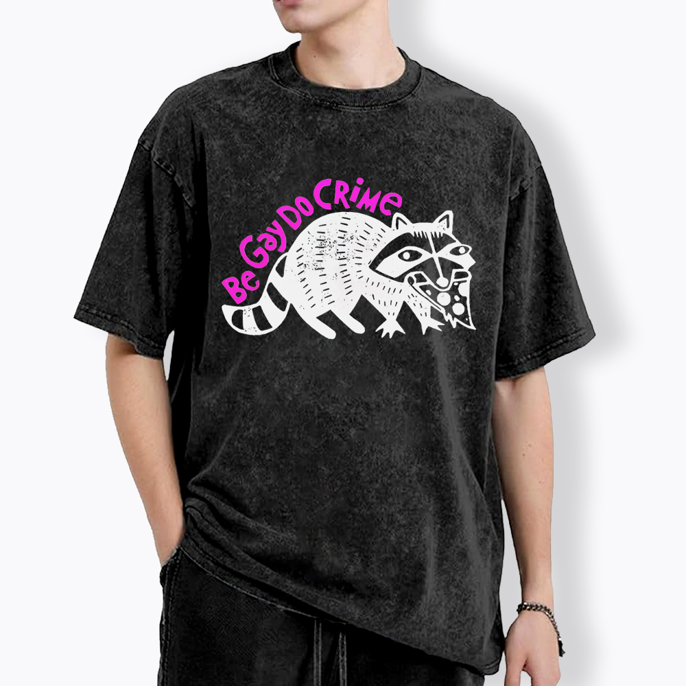 Be Gay Do Crime Pizza Raccoon Washed T-Shirt
