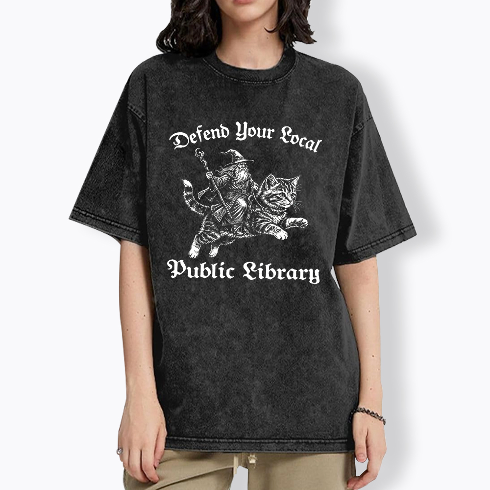 Defend Your Local Public Library Fantasy Wizard Cat Washed T-Shirt