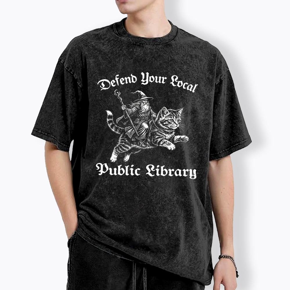 Defend Your Local Public Library Fantasy Wizard Cat Washed T-Shirt