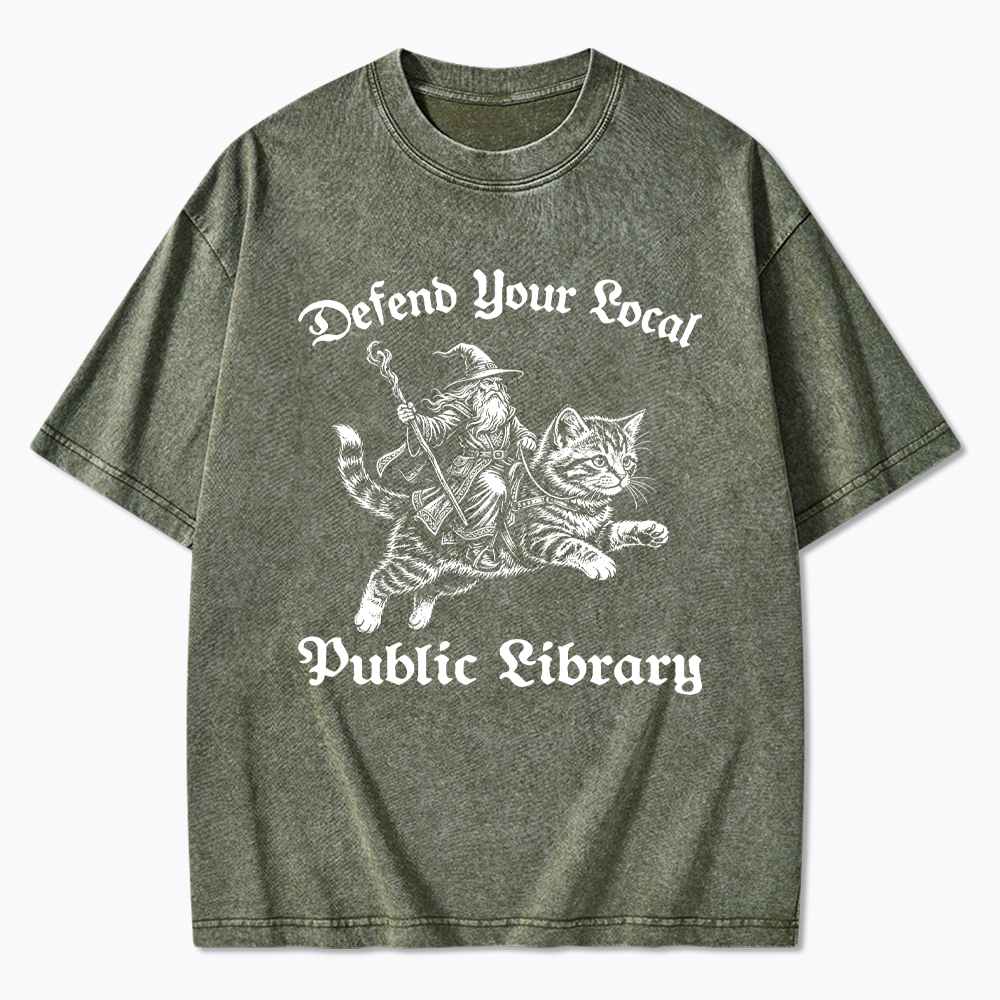 Defend Your Local Public Library Fantasy Wizard Cat Washed T-Shirt