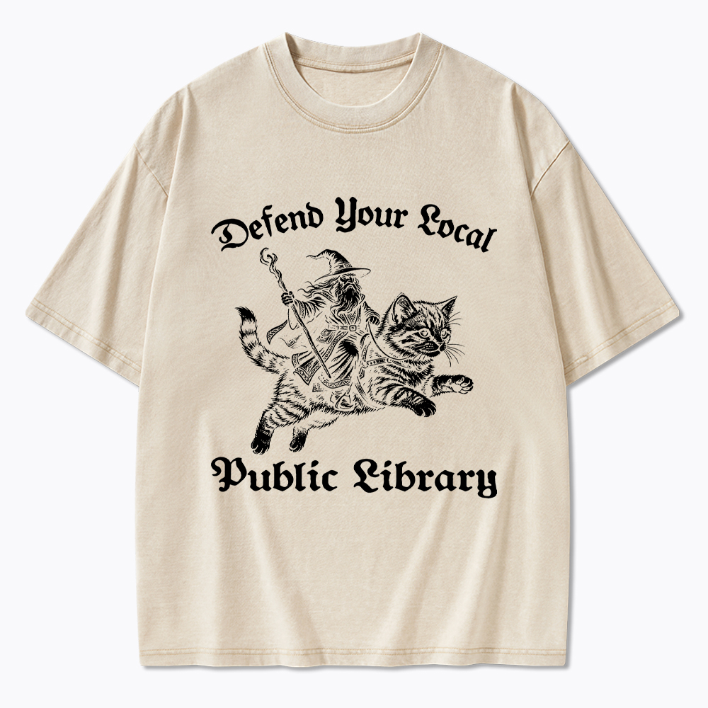 Defend Your Local Public Library Fantasy Wizard Cat Washed T-Shirt