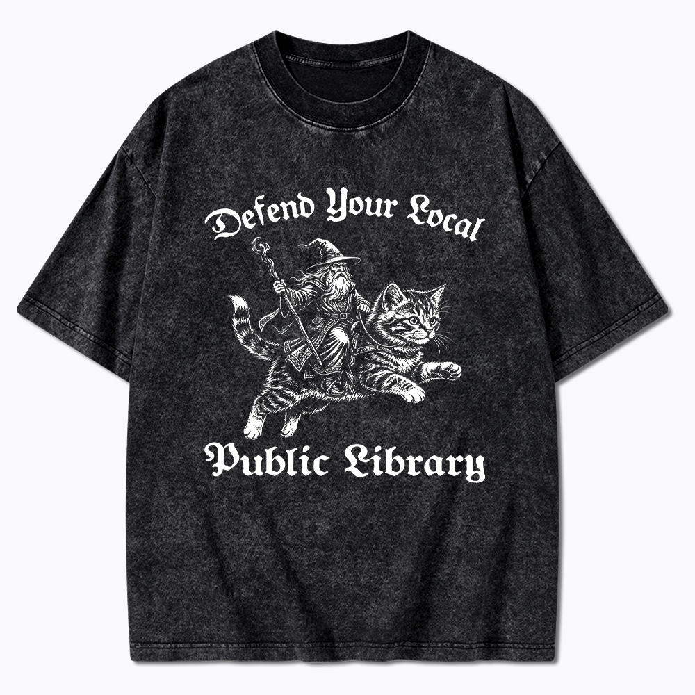 Defend Your Local Public Library Fantasy Wizard Cat Washed T-Shirt