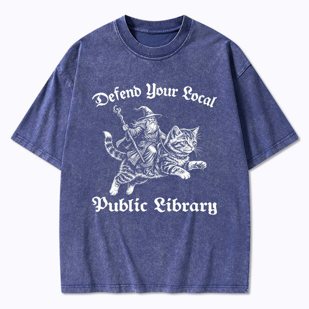 Defend Your Local Public Library Fantasy Wizard Cat Washed T-Shirt