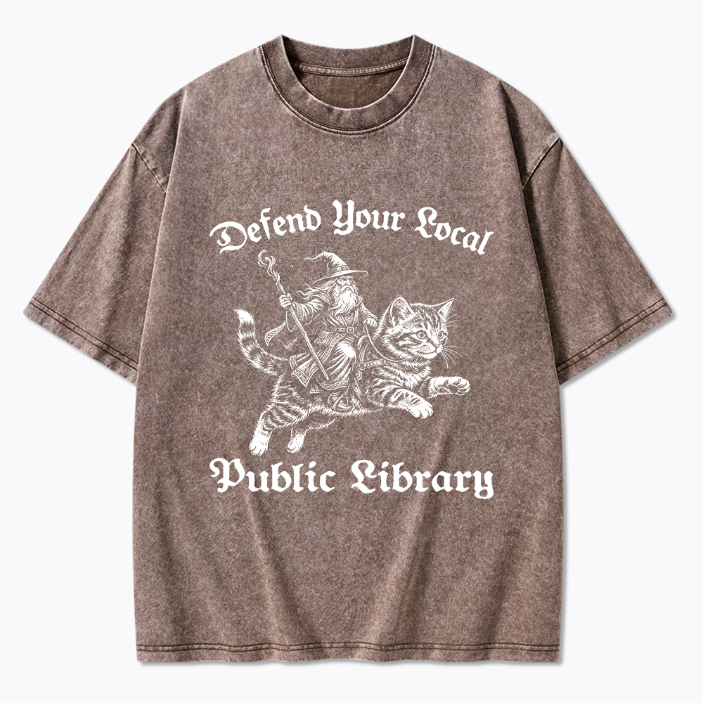 Defend Your Local Public Library Fantasy Wizard Cat Washed T-Shirt