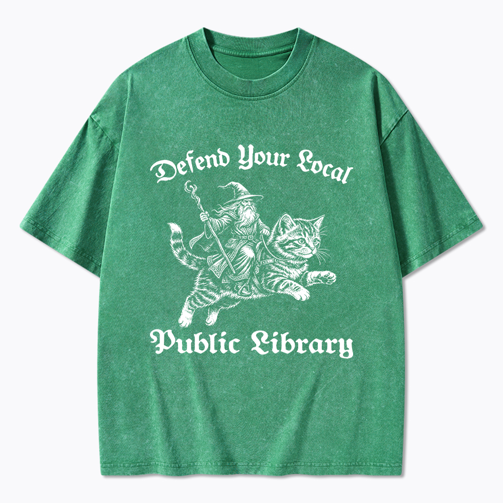 Defend Your Local Public Library Fantasy Wizard Cat Washed T-Shirt