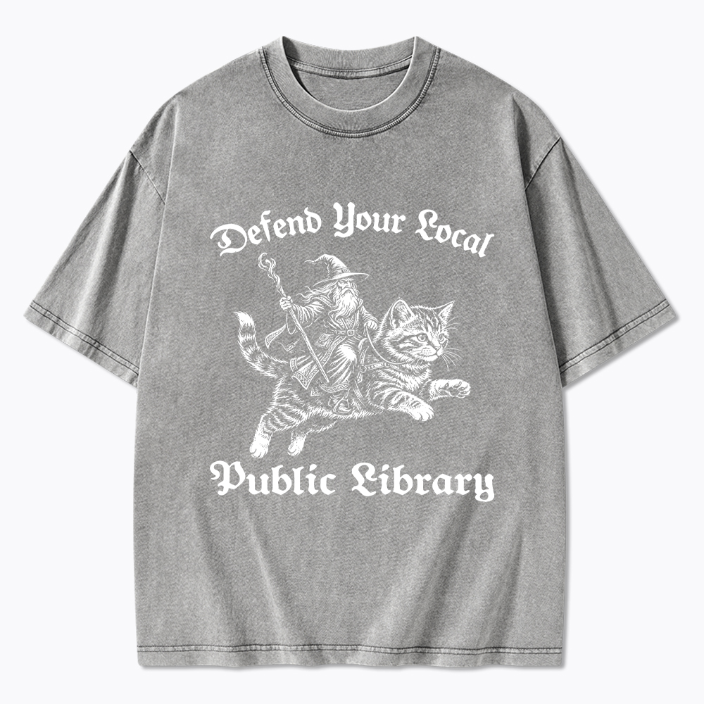 Defend Your Local Public Library Fantasy Wizard Cat Washed T-Shirt