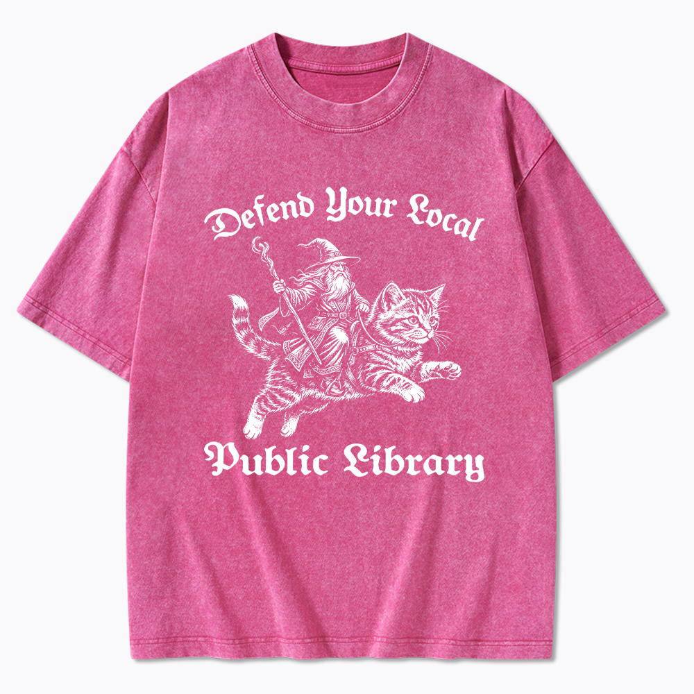 Defend Your Local Public Library Fantasy Wizard Cat Washed T-Shirt